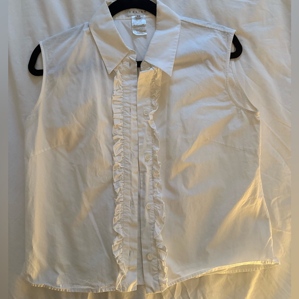 Celine Cotton White Sleeveless Ruffle Blouse